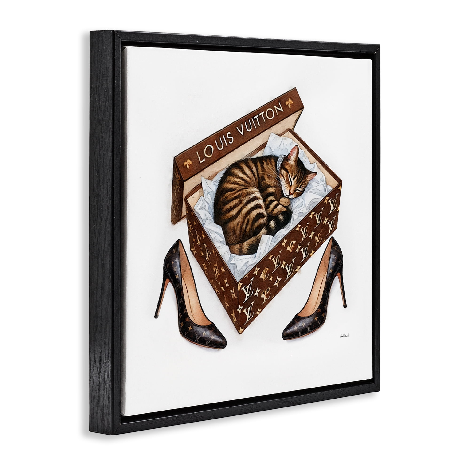Stupell Industries Sleeping Cat in Shoebox Animals Painting Black Floater Framed Canvas Art Print Wall Art, 25 x 25