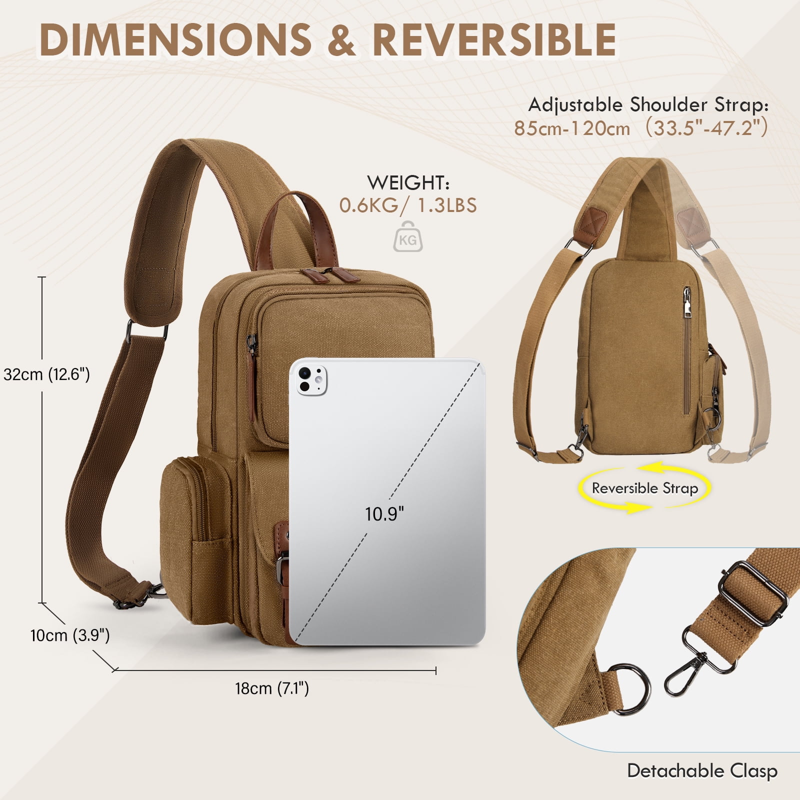 RAINSMORE Canvas Cross Body Messenger Bag for Men Women Shoulder Small Sling Bag Backpack for Travel Hiking,Brown