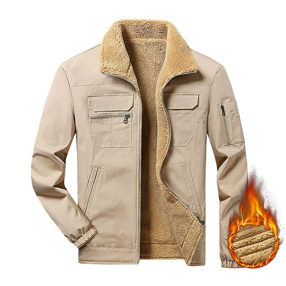 ZCFZJW Men's Winter Jacket Thick Thermal Cotton Warm Fleece Lined Coat Long Sleeve Full Zip up Trucker Lapel Work Cargo Jackets for Men with Multi-Pockets Khaki XXL