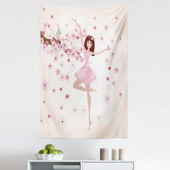 Ballet Tapestry, Ballerina with Inspirational Spring Flowers Butterfly Sakura Tree, Fabric Wall Hanging Decor for Bedroom Living Room Dorm, 5 Sizes, Rose Pale Peach, by Ambesonne