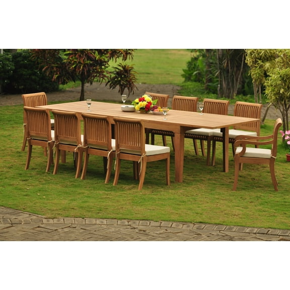 Teak Dining Set: 10 Seater 11 Pc: Large Caranasas 122" Dining Rectangle Table Table, 2 Arm & 8 Giva Armless Chairs Outdoor Patio Grade-A Teak Wood WholesaleTeak #WMDSGV64
