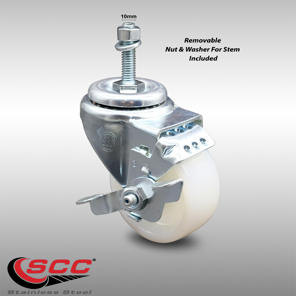 Stainless Steel Nylon Swivel Threaded Stem Caster w/3" x 1.25" White