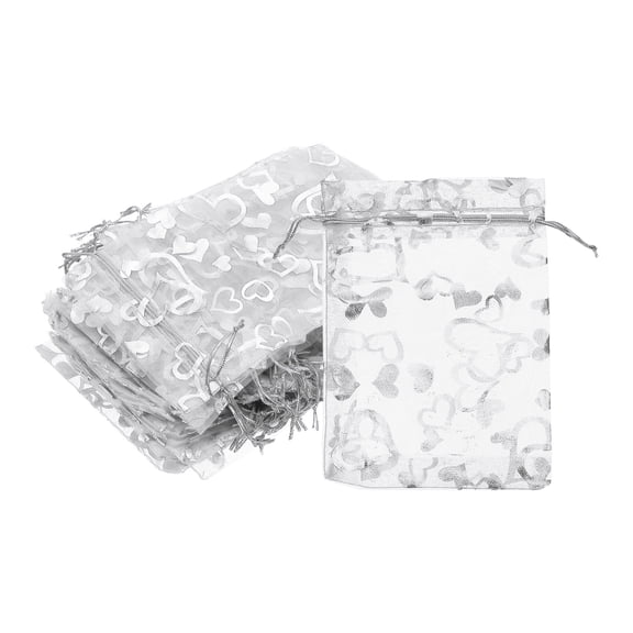 50 Pcs 4x6 Inch Heart Printed Organza Bags, Silver Sheer Heart Organza Bags with Drawstring for Candy Party Favor Gift