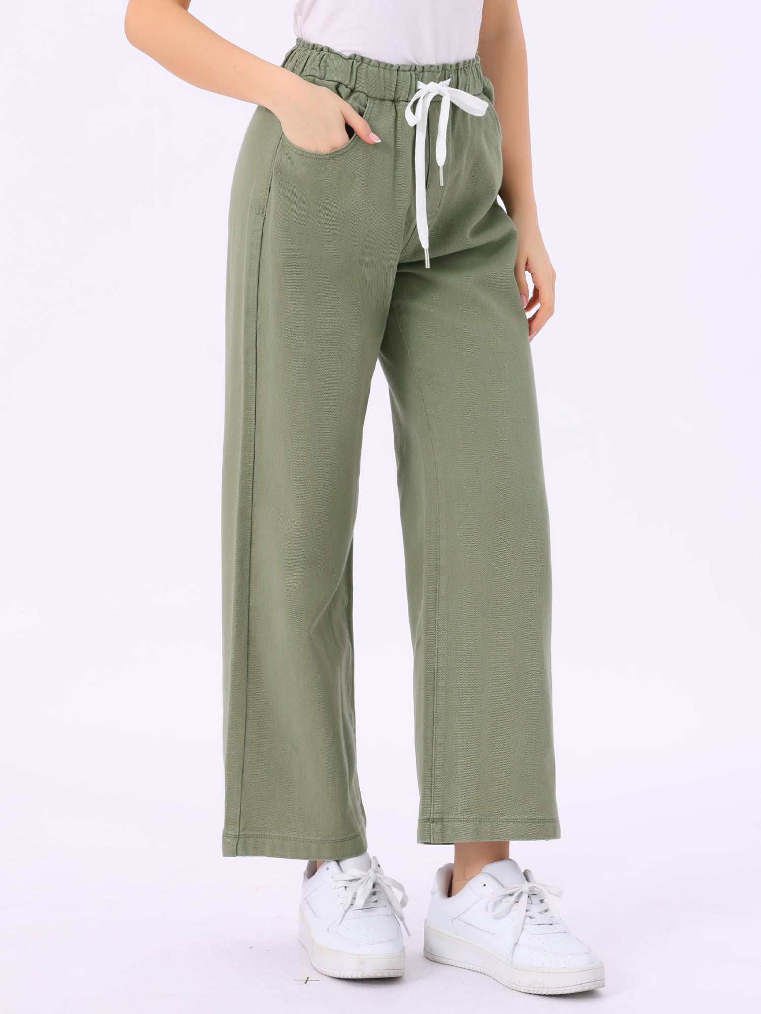DARING DIVA Women's Trendy Elastic Waist Wide Legs Drawstring Jeans M Army Green