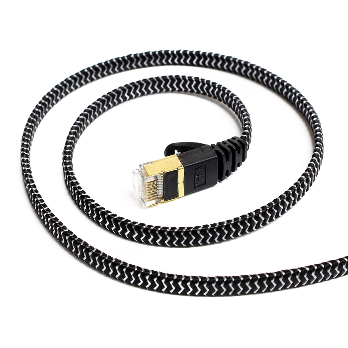 Tera Grand - CAT7 10 Gigabit Ethernet Ultra Flat Patch Cable Modem Router LAN Playstation Xbox - Built with Gold Plated, Shielded RJ45 Connectors Nylon Braided Jacket, 6 Ft Black and White