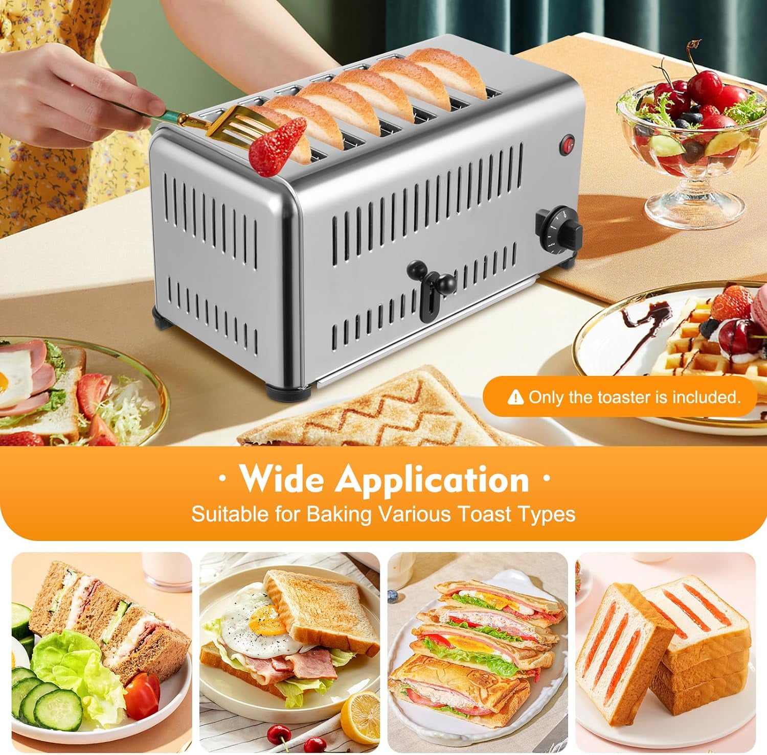 6 Slice Bread Toaster, 1680W Stainless Steel Commercial Toaster with Wide Slots, One-Piece Mold, Timing, Bread Baking Machine for Bagels Muffins Waffles (Home, Restaurant, Bakery)