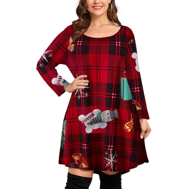 Bellella Robe de Noël pour Femmes Grande Taille Imprimé Flocon de Neige Robe de Noël Longueur Genou Manches Longues Col Rond Ample Élément D TG