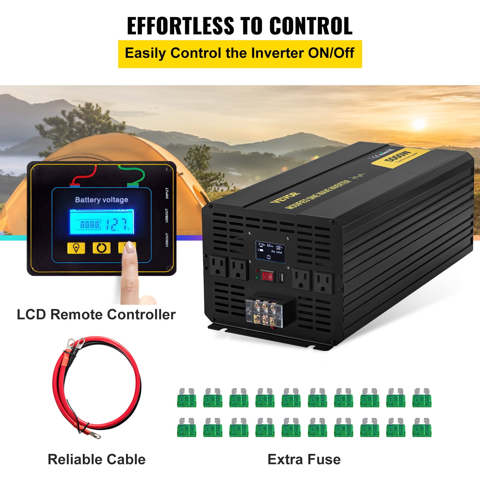 VEVOR Power Inverter 5000W Modified Sine Wave Inverter DC12V to AC120V Car Converter with USB Port LCD Display Remote Controller LED Indicator AC Outlets Inverter for Car RV Truck Boat Travel Camping