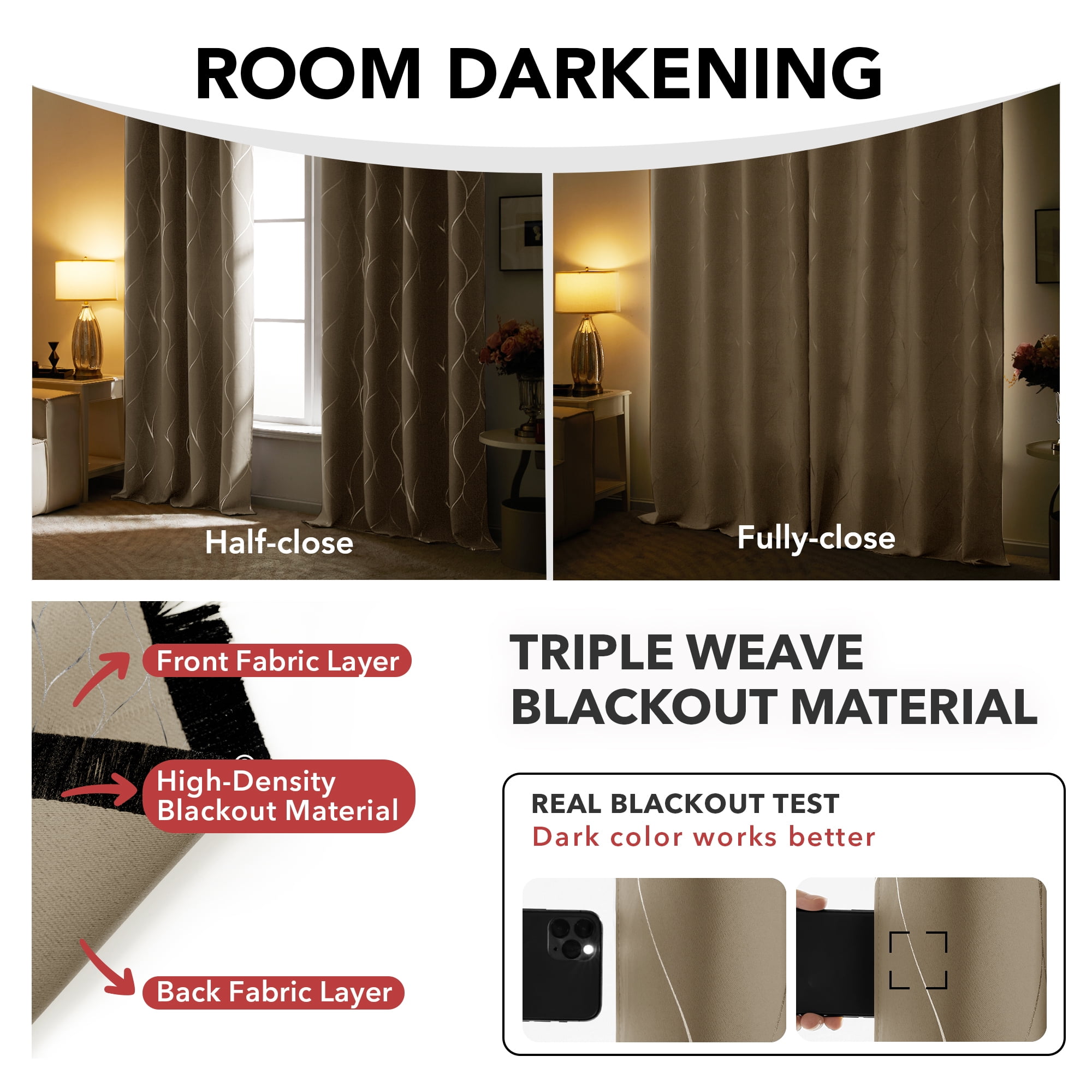 Deconovo Grommet Wave Print Blackout Curtains Khaki, 52x 72 inch, 2 Panels, Thermal Insulated for Living Room