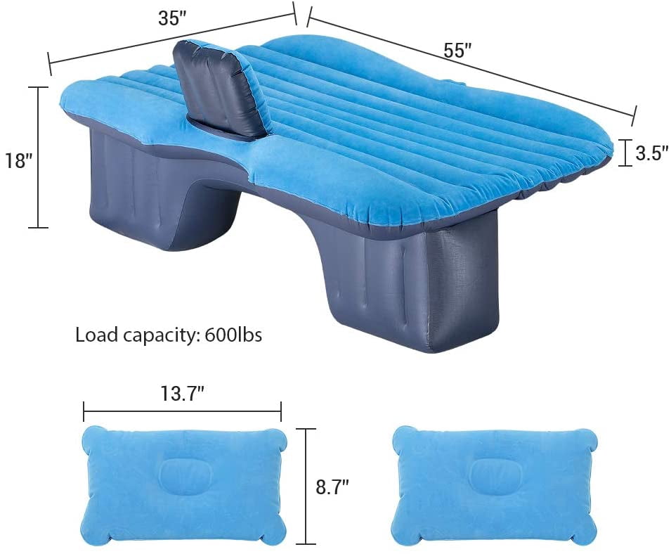 55" x 35" x 18" Inflatable Extended Air Mattress for Car with Motor Pump Included, Two Pillows, Sky Blue by NEX