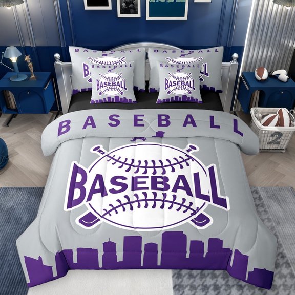 Homewish Grey Purple Sports Bedding Comforter Set 7pcs, Cartoon Baseball Game Queen Bedding Sets, Teens Kids Boys Girls Reversible Queen Sheet Sets, Microfiber Bedroom Decor
