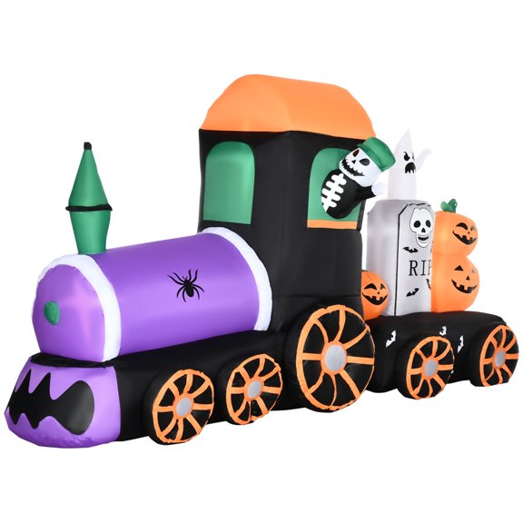 HOMCOM 8' Inflatable Halloween Spooky Train with Skeleton and Graveyard, Blow Up Outdoor LED Yard Display, Waterproof
