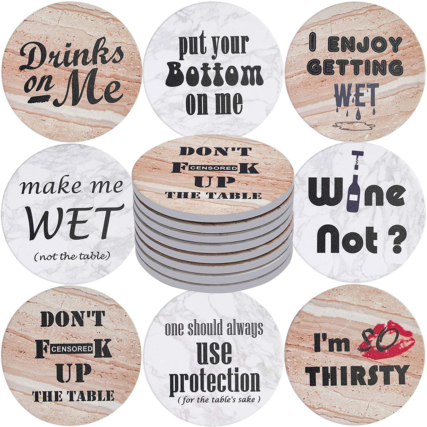 Metal Case of Scroll Design Holds Nicely the XL Ceramic Drink Mats with Cork Backing Set of 8 Funny Sayings Marble Finish Coasters PLUS Round Iron Stand in Black Absorbent Coaster & Holder Bundle