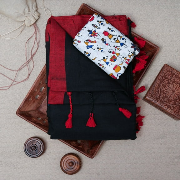 Black and Red Handloom Cotton Saree With Designer Blouse