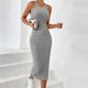 thumbnail image 1 of TaTaai Women's Ribbed Halter Neck Midi Dress Sleeveless Round Neck Fitted Bodycon Solid Knee Length for Summer Beach Party Daily Casual Wear Soft Stretchy Gift, 1 of 6