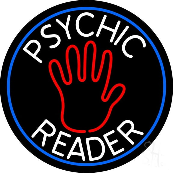 Psychic Reader With Palm Blue Circle LED Neon Sign 26" Tall x 26" Wide - inches Black Square Cut Acrylic Backing, with Dimmer - Bright and Premium built indoor LED Neon Sign for Storefront.