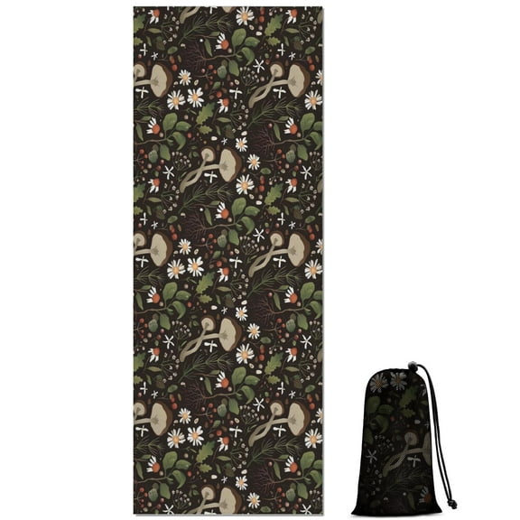 Brown Mushroom Daisy Dark Pattern Hot Yoga Mat Towel Non Slip for Hot Yoga - Quick-Drying Yoga Mat Cover with 4 Corner Pockets with Travel Bag - Hot Yoga Towel Non Slip 70"x26"