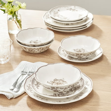 The Pioneer Woman Agatha 12-Piece Stoneware Dinnerware Set, Brown