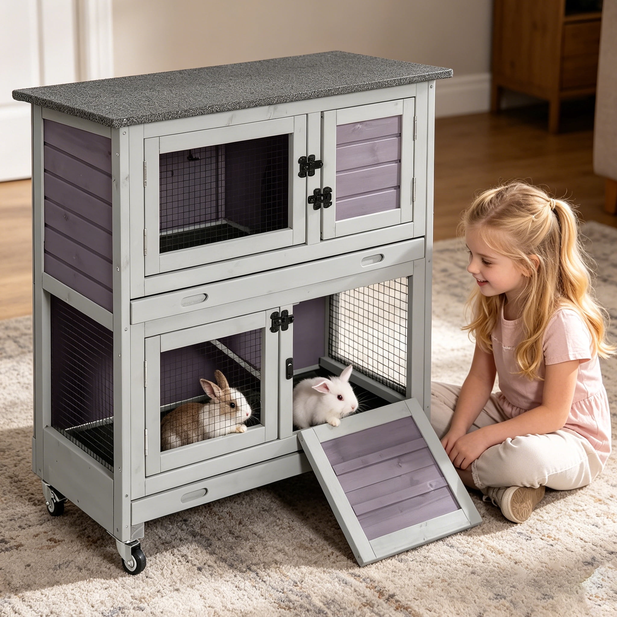 Aivituvin Rabbit Hutch Indoor Bunny Cage Outdoor 2 Story Pet House Guinea Pig Cage on Wheels 36" L