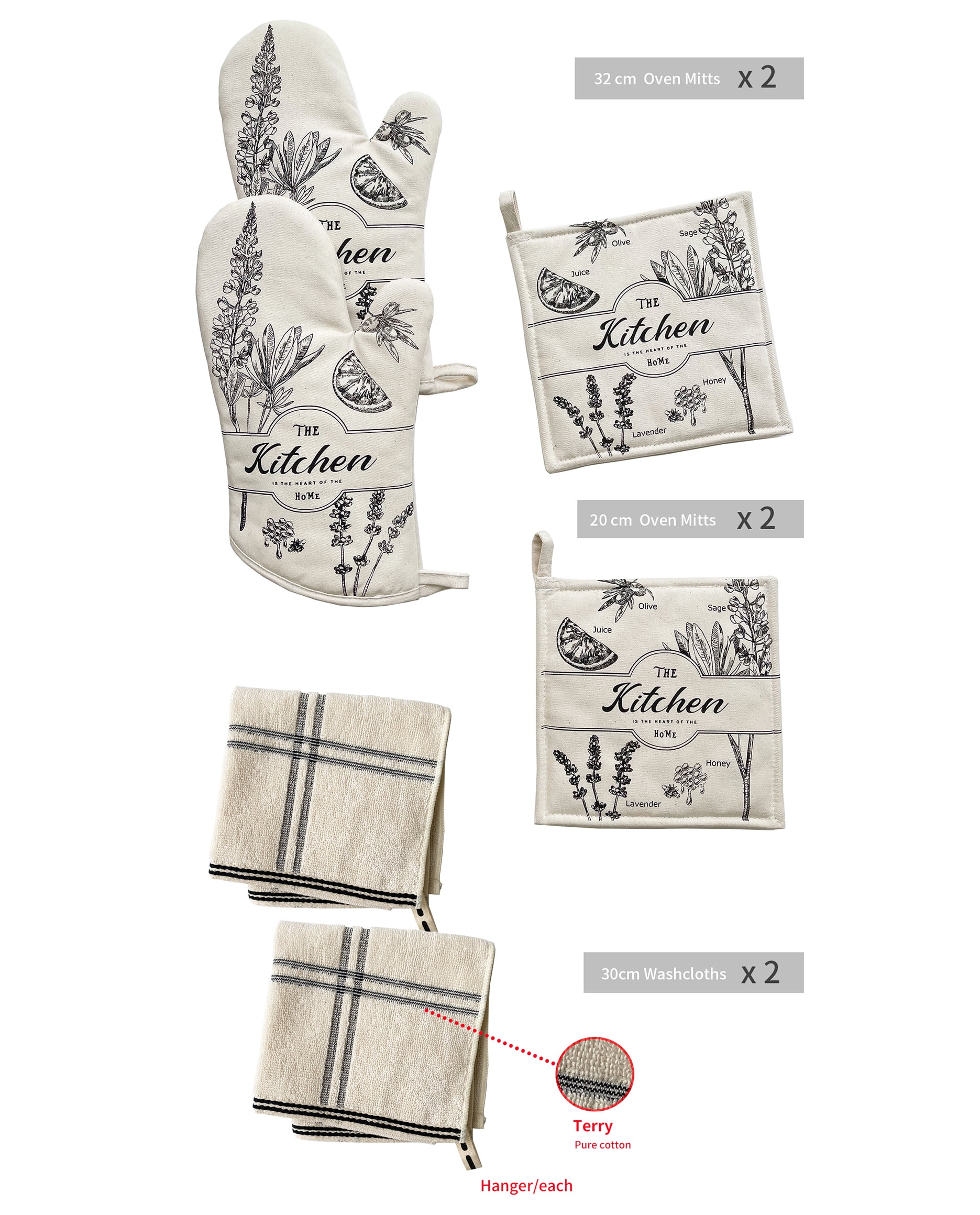 GREVY Cotton Oven Mitts Pot Holder Washclothing 6-Pack Gift Set