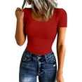 thumbnail image 3 of WULMLEO Womens Ribbed Knit Fitted Tops Square Neck Short Sleeve Y2k Tees Solid Stretch Shirt Summer Going Out Party Outfits Red L, 3 of 5