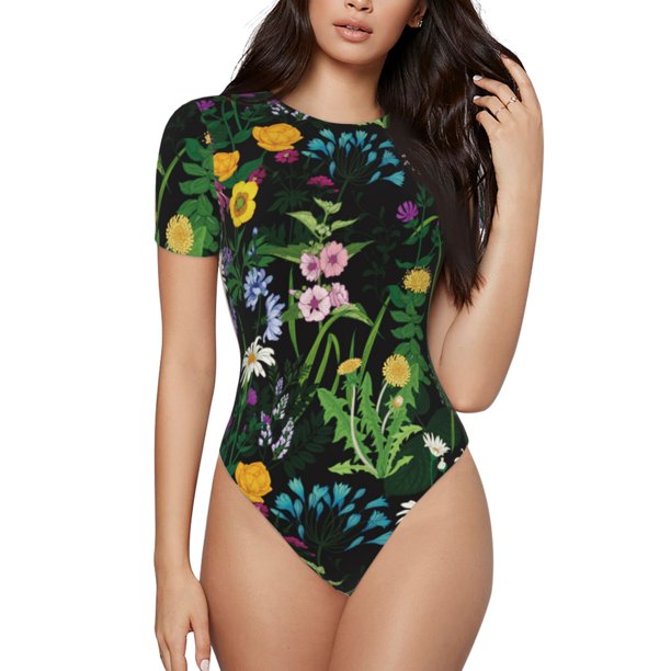 Balery Chamomile Body de cuello redondo de manga corta para mujer Tops de manga corta Tops básicos-Large