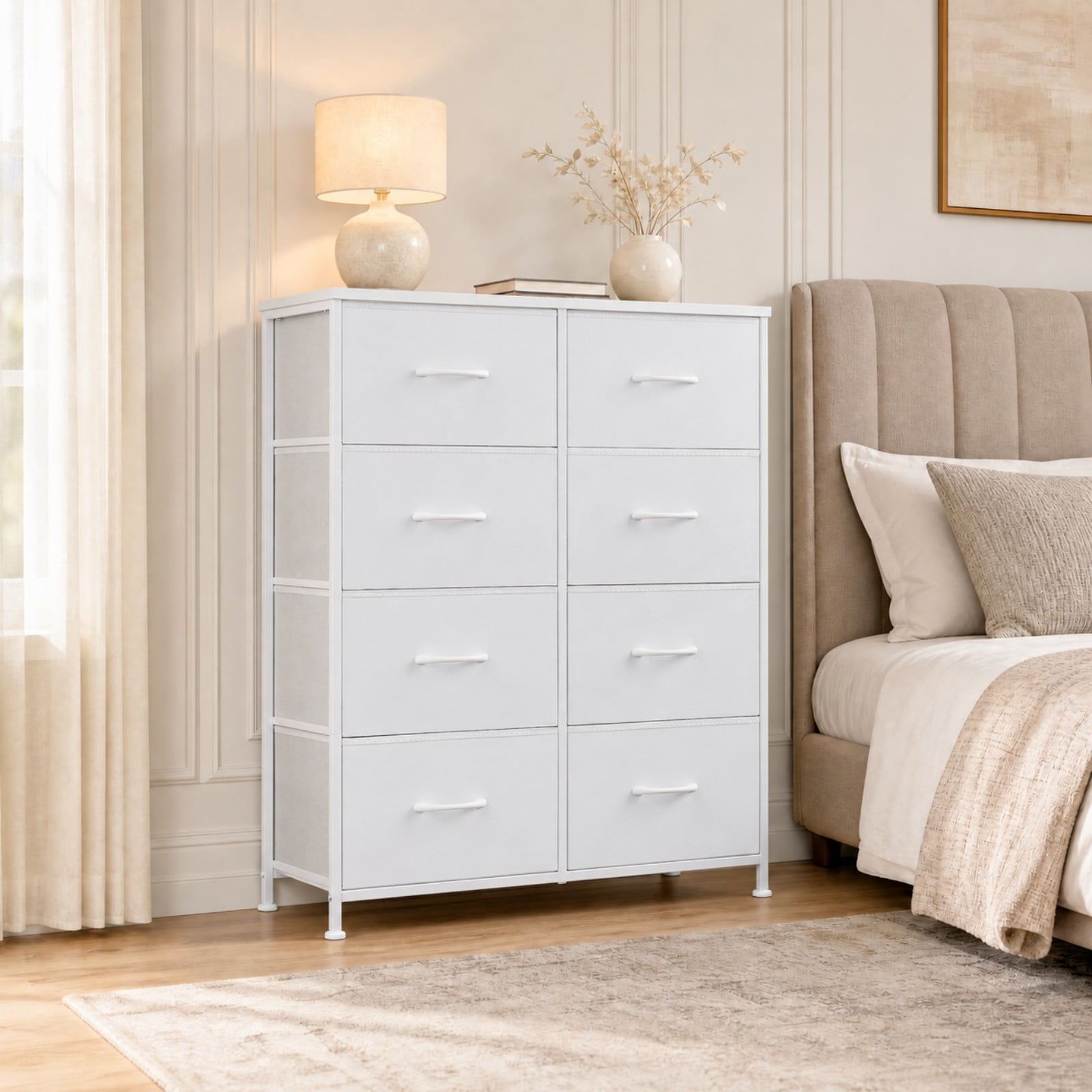 Telyra 8-Drawer Fabric Dresser Tall Storage Tower with Wood Top and Steel Frame Bedroom Closet Organizer, White