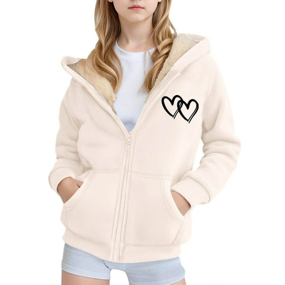 Glisme Girls Hooded Jacket With Zip Closure Soft Thermal Printed Playful For Cold Weather Cozy Pockets Active Beige Warm Outerwear Size 4-5 Years