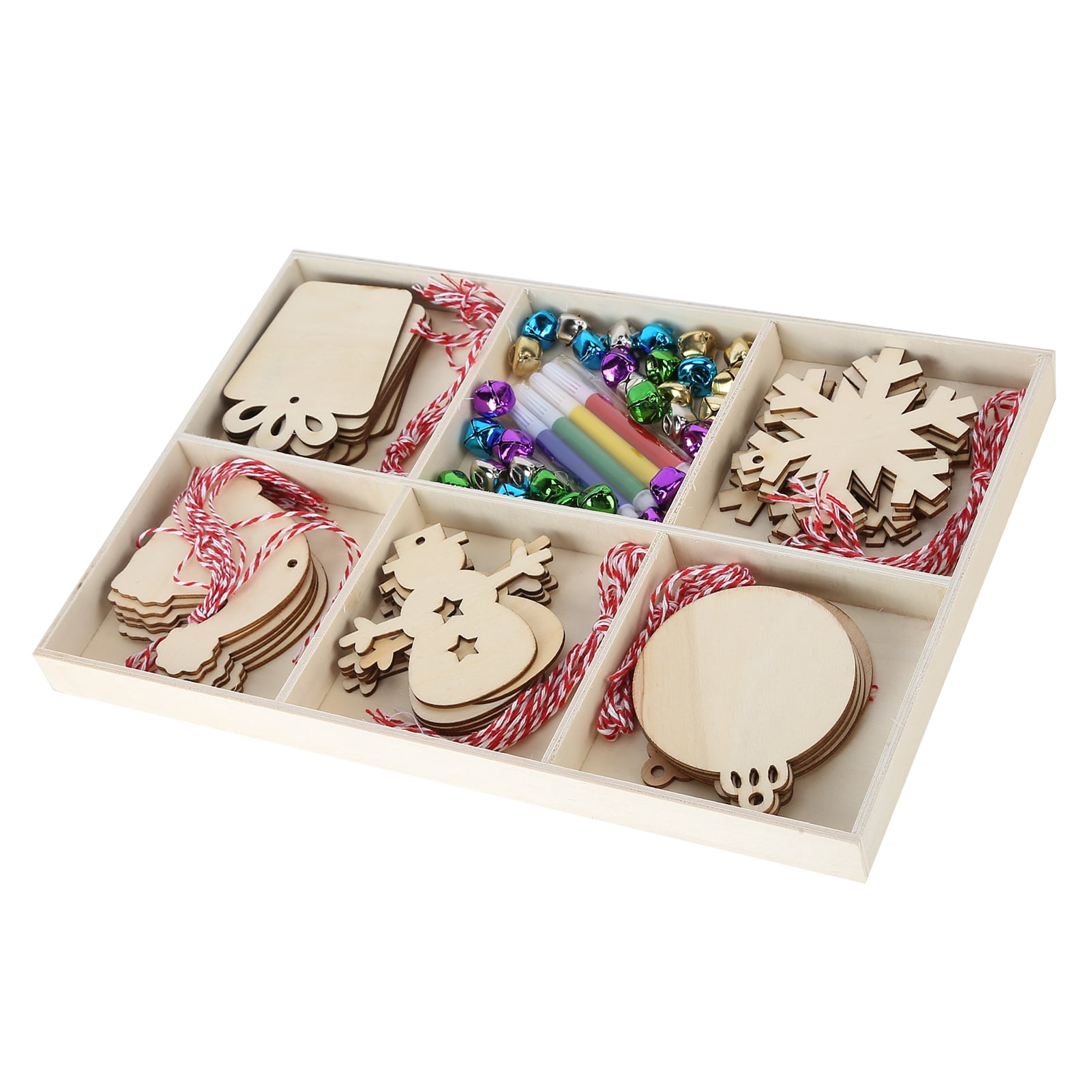 YAHHU Unfinished Wood Christmas Tree Ornaments DIY Craft Kit Wooden Slices Hanging Pendants with Bells Ropes Color Pens for Holiday Home Decoration (12.2 inches / 31 cm)