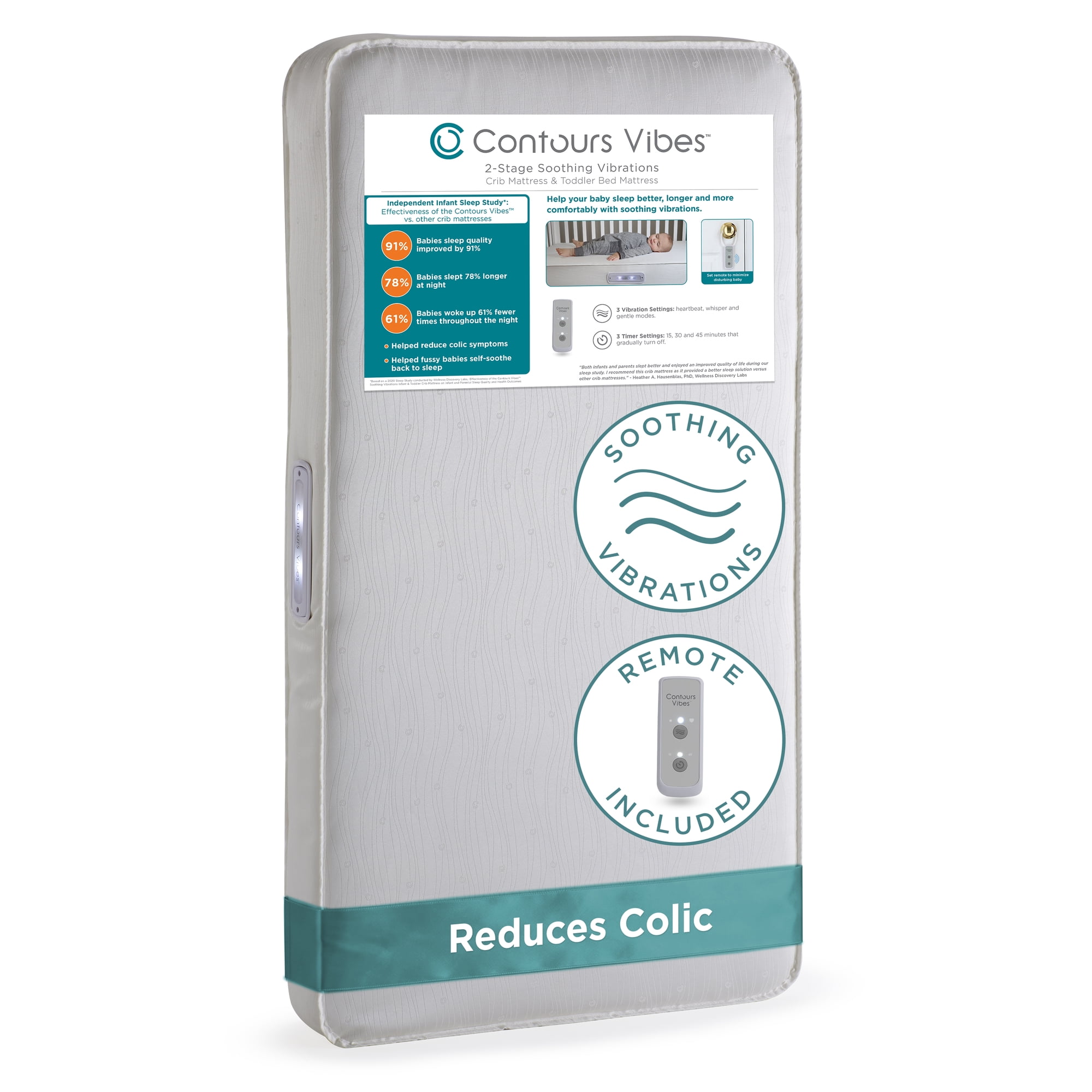 Contours Vibes 2-Stage Soothing Vibrations Baby Crib and Toddler Mattress with Remote, 201 Coil