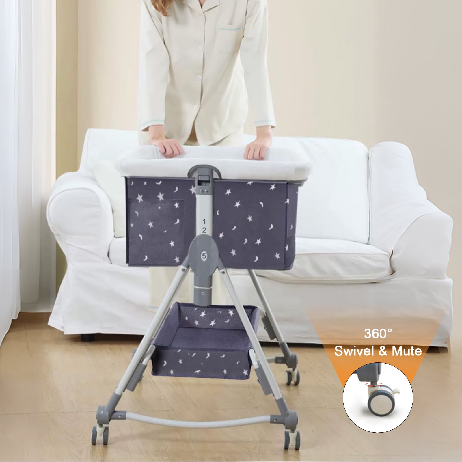 EONROACOO Foldable Baby Bassinet with Changing Table, Adjustable Bedside Crib for Infant, Moyan Starry Sky