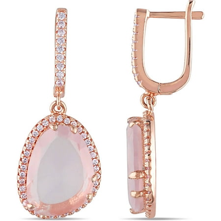 Quartz Sterling Silver Dangling Earrings 3.5 Carat T.G.W. Rose Quartz and White Topaz Pink Rhodium-Plated Sterling Silver Dangle Earrings ()