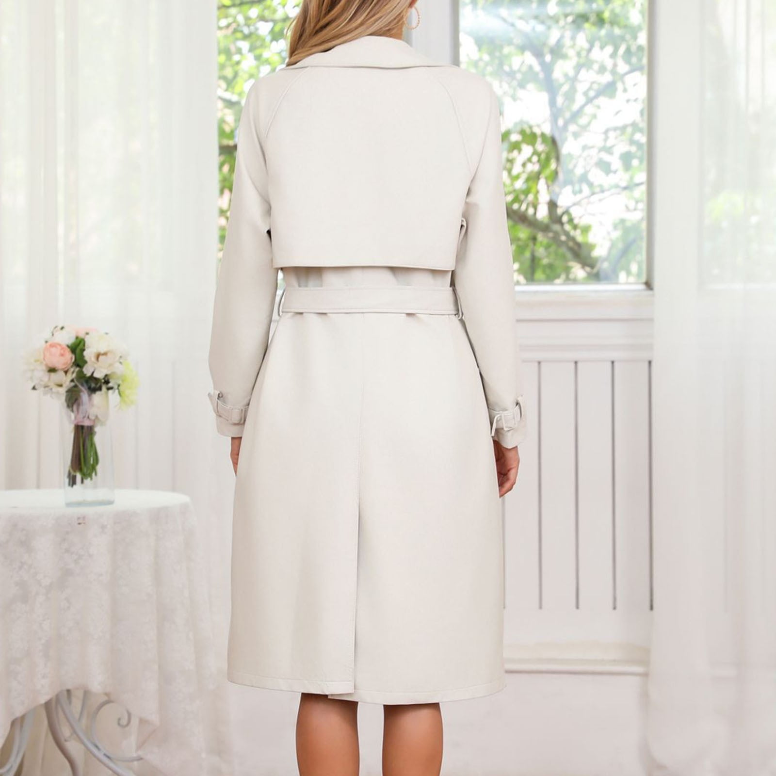UTSJKR Women's Faux Leather Trench Coat 2024 Fall Winter Long Sleeve Belted Overcoat Trendy Loose Fit Lapel Button Down Jacket White L