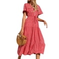 thumbnail image 5 of HUBERY Women Button Tie Waist Pleated Floral Printed V Neck Short Sleeve Midi Dress, 5 of 7