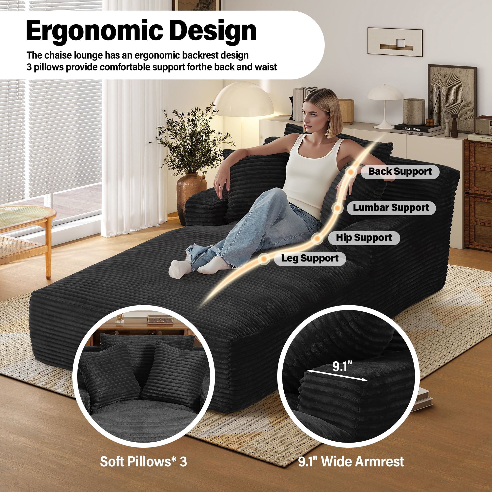Aukfa 78.7" Extra Long Chaise Lounge Sofa, Oversized Upholstered Couch with 3 Pillows for Indoor Living Room/Bedroom,Black