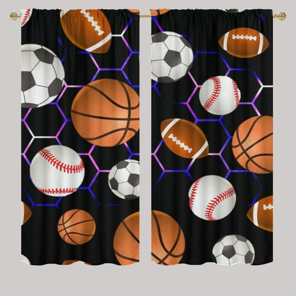 Boys Sports Ball Curtain Panels Football Soccer Basketball Colorful Neon Lights Energy Saving Grommets Window Panels for Bedroom & Living Room W42 x L45 Inch