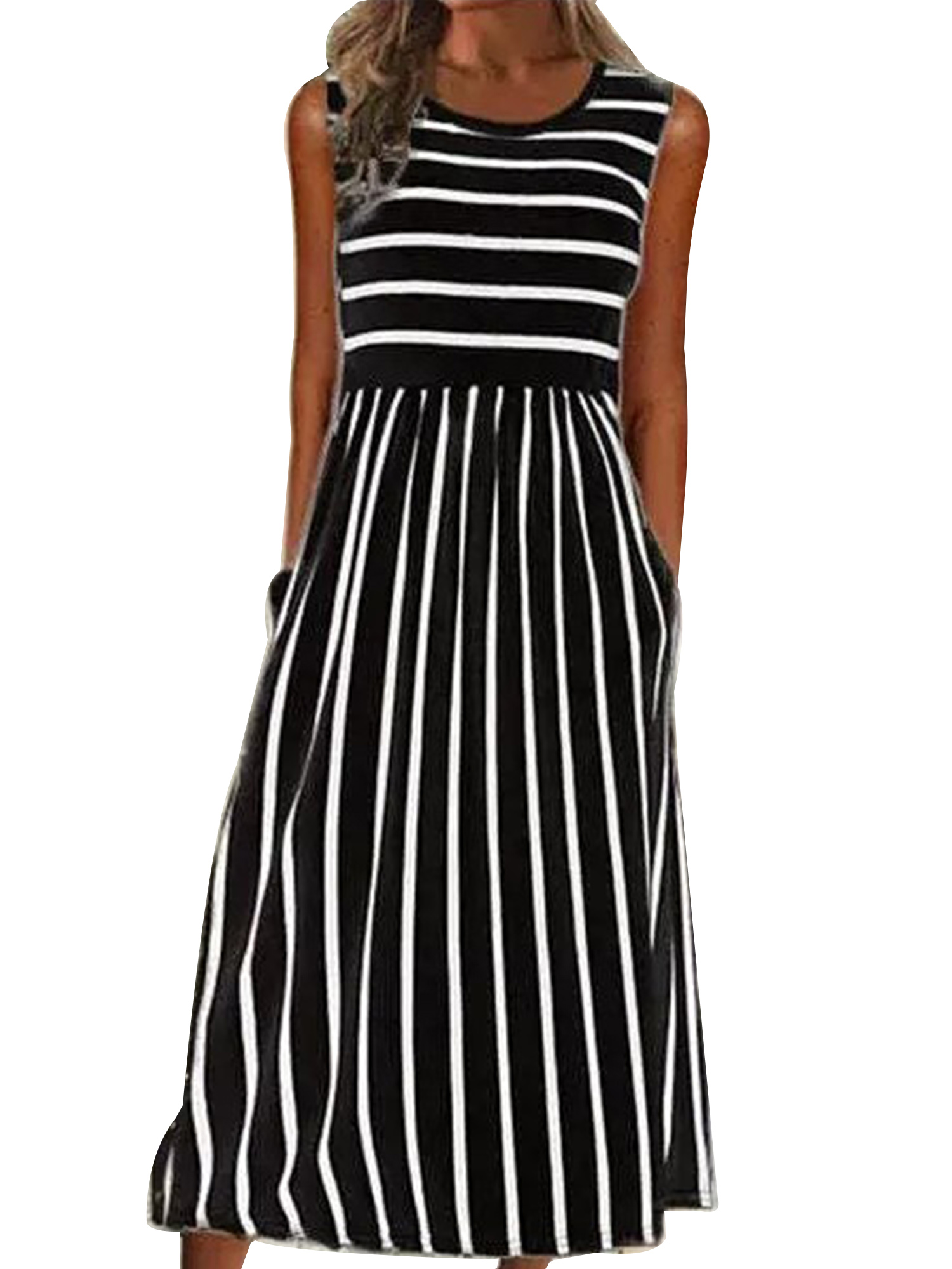 ZNU Women Striped Sleeveless Tank Dress Summer Casual Round Neck Midi Dress With Pockets