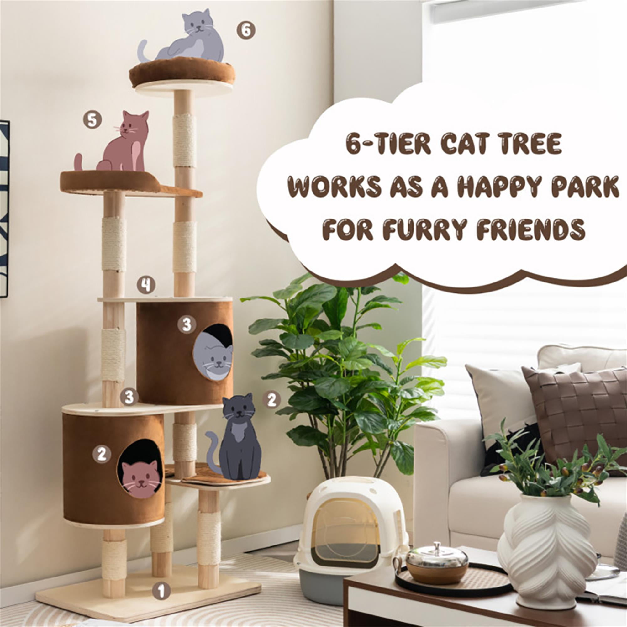 Kadyn 75" Wood Cat Tree Tower for Indoor Cats, Multi-Level Cat Condo with Scratching Posts, Perch, Washable Removable Cushions, Cat Furniture, Brown