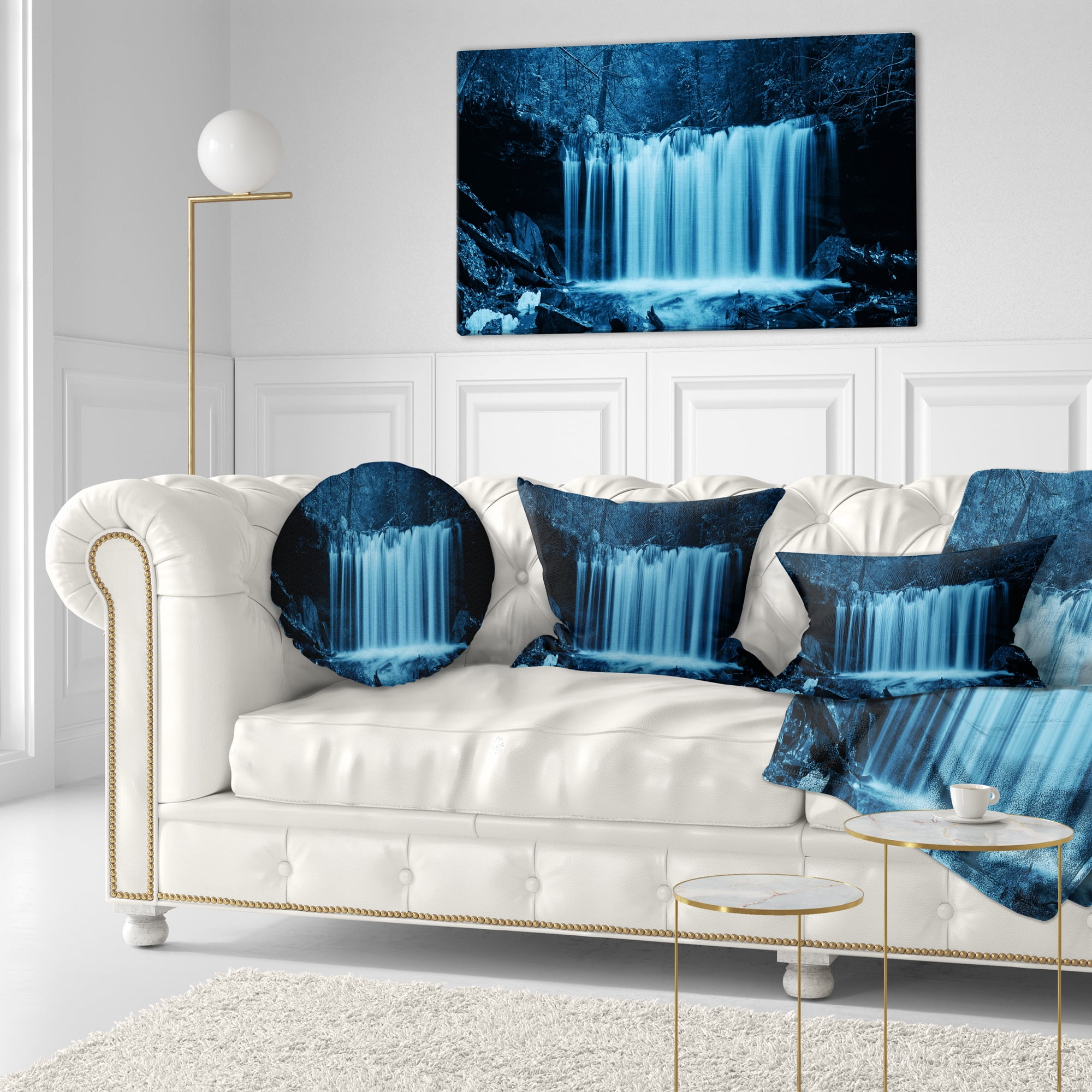 Designart Waterfalls in Wood Black and White - Landscape Printed Throw Pillow - 12x20