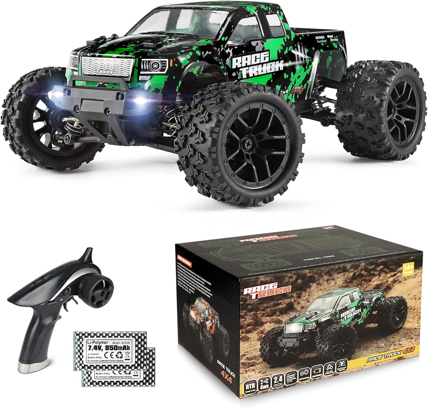 HAIBOXING 1:18 Scale All Terrain RC Car 18859, 36 KPH High Speed 4WD Electric Vehicle with 2.4 GHz Remote Control, Two Rechargeable Batteries (Green)