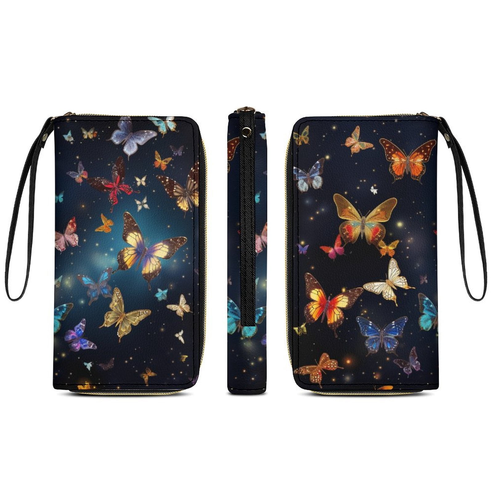 Womens Wallet Bifold Ladies Cluth Bag Wristlet Wrist Strap Long Purse Cosmic Butterfly Design