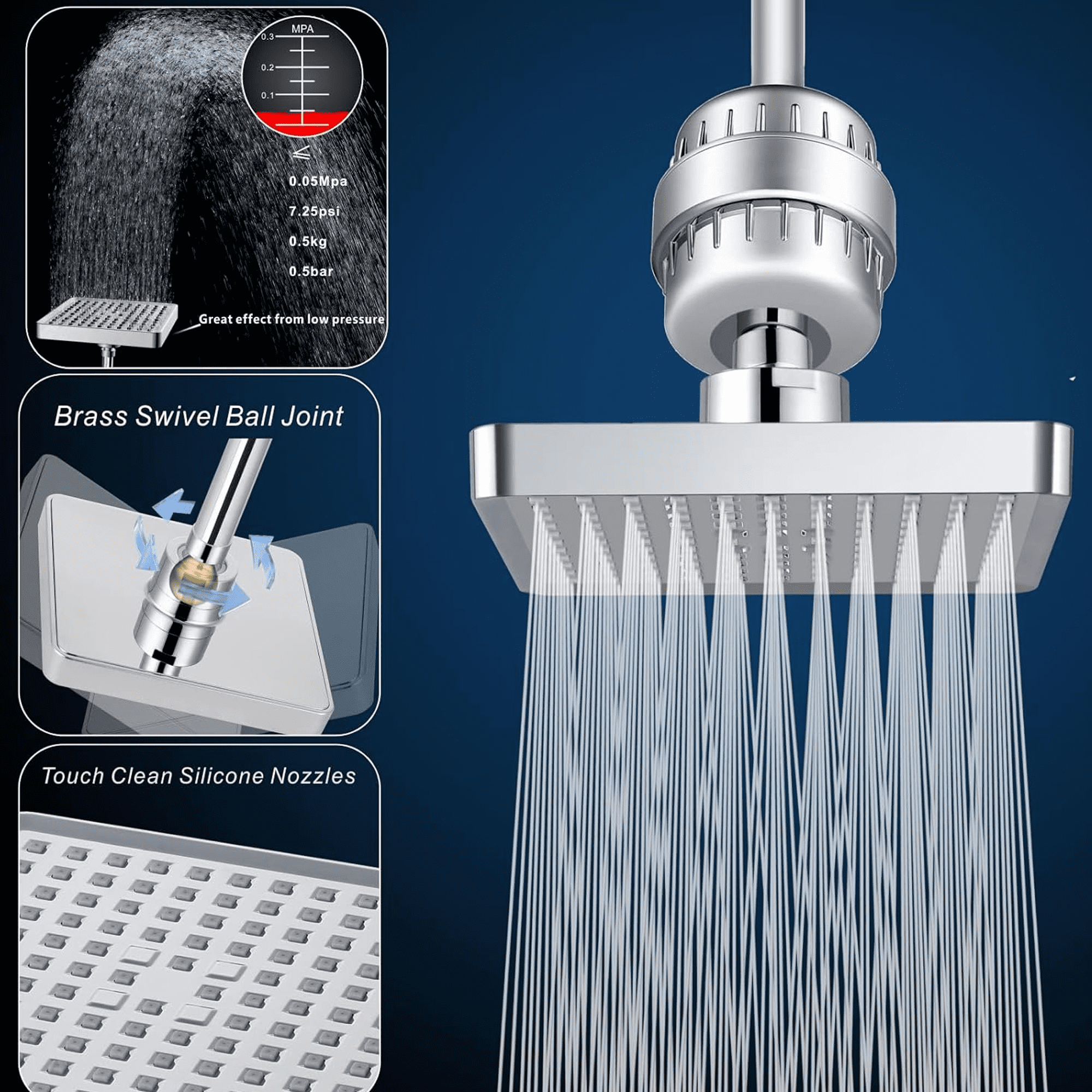 SERABETTO Filtered Shower Head Set, High Pressure Rain Shower with Handheld Showerhead Combo, Self-adhesive Holder/59" Hose, 20 Stage Filter Removes Chlorine and Harmful Substances (Square,Chrome)