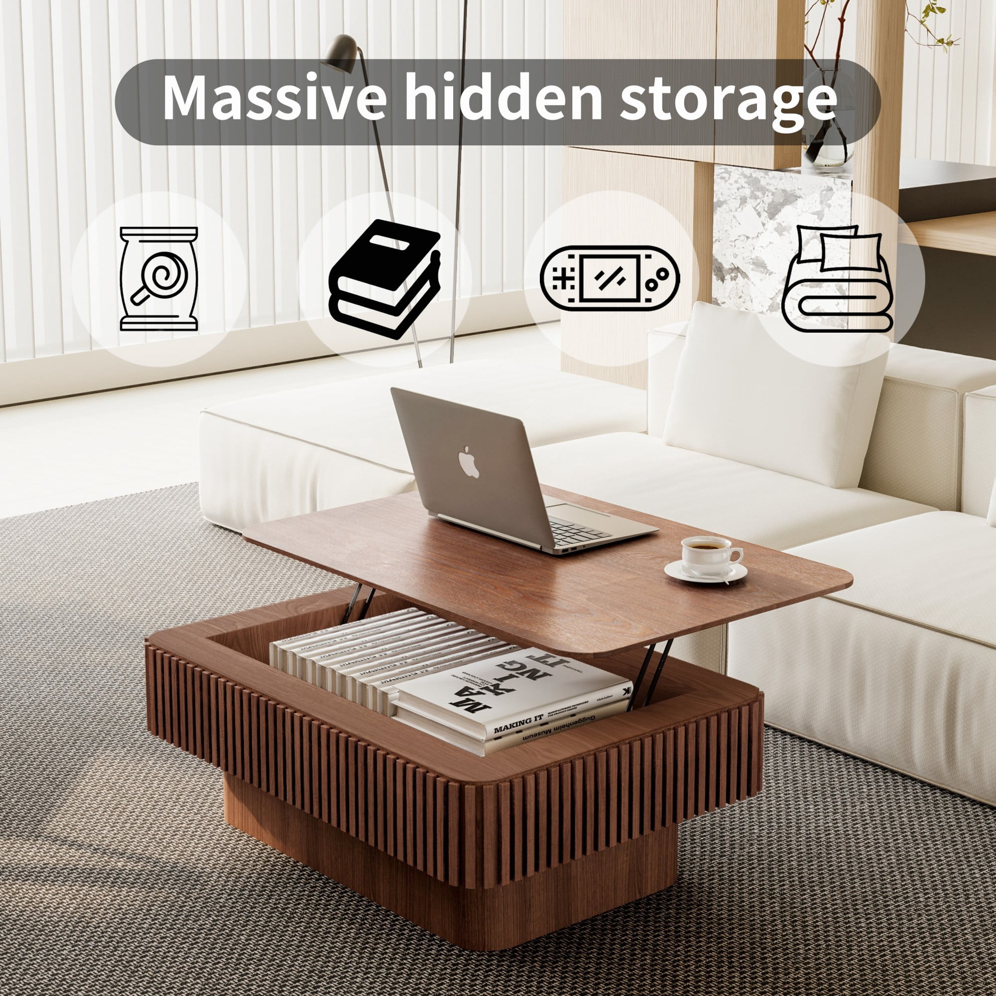 Lift Top Coffee Table with Storage, 38.6" Fluted Coffee Table with Adjustable Height, Modern Wood Veneer Center Table for Living Room, Walnut