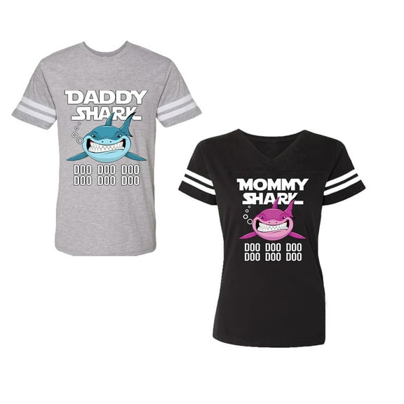 Dady Mama Shark Unisex Couple Matching Cotton Jersey style T-Shirt Contrasting stripes on sleeves (Men Heather / Women Black) (Men S / Women S)