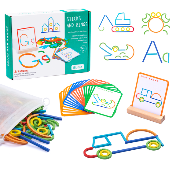 Wooden Sticks and Rings STEM Construction Building Montessori Toys for Toddlers Boys Girls Kids 3 