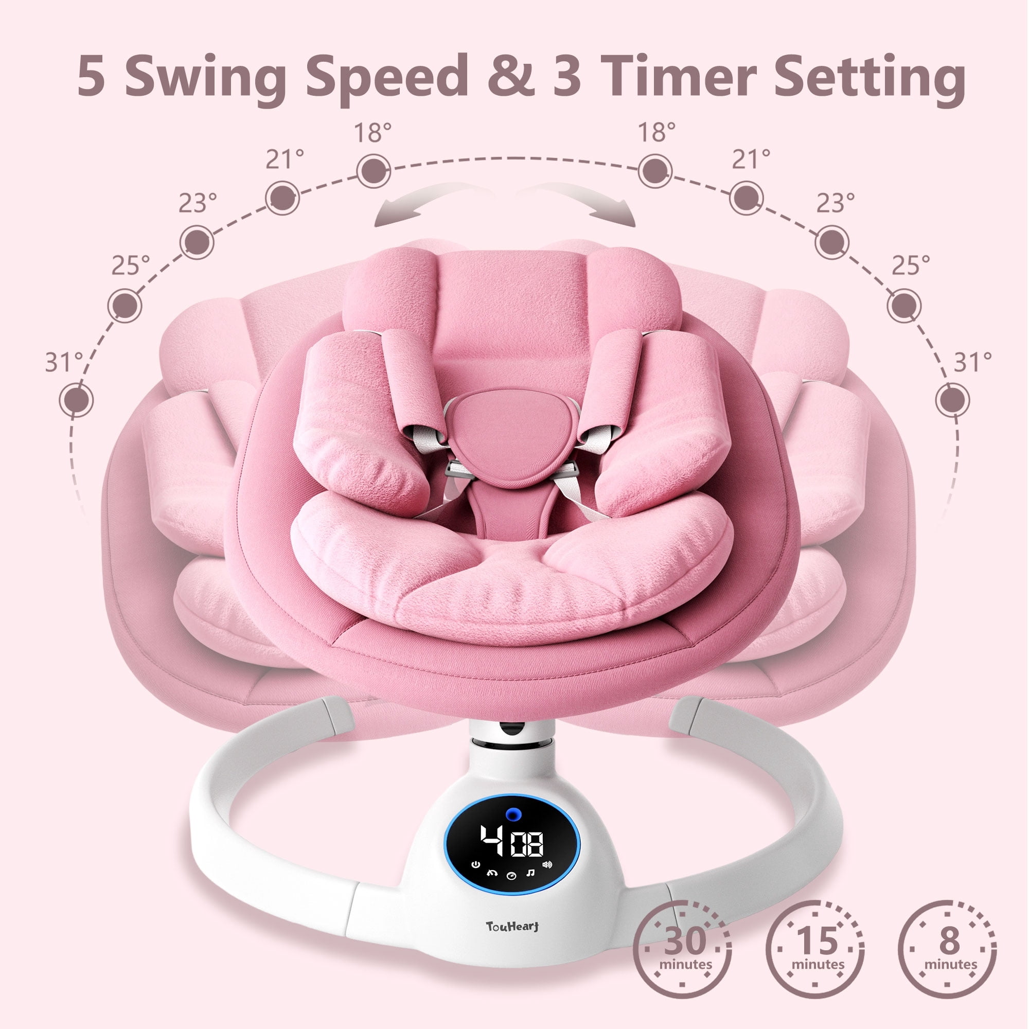 TouHeart Baby Swing, Electric Infant Rocker with Bluetooth & Remote, 5 Speeds, 10 Lullabies, Pink