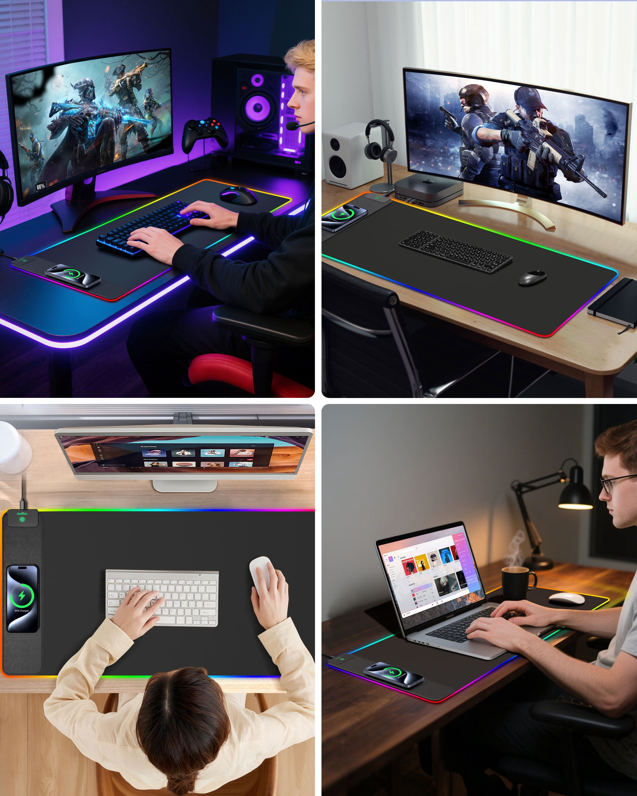 Extrelife RGB Gaming Mouse Pad with Wireless Charger, 11 Lights Modes, LED Mouse Mat 15W Fast Charging for Home, Office, School