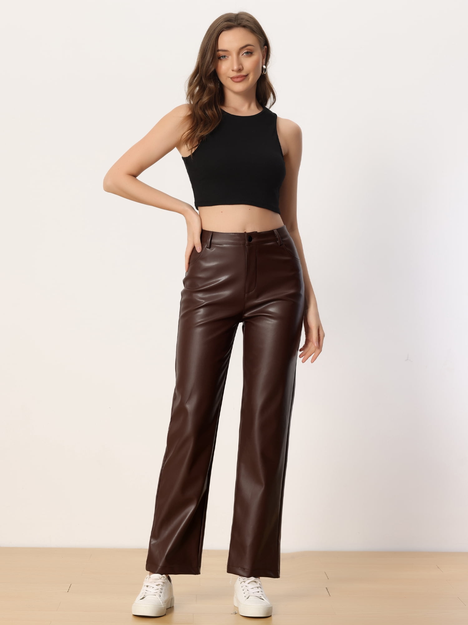 DARING DIVA Women's Faux Leather High Waist Straight Leg PU Punk Trousers L Brown
