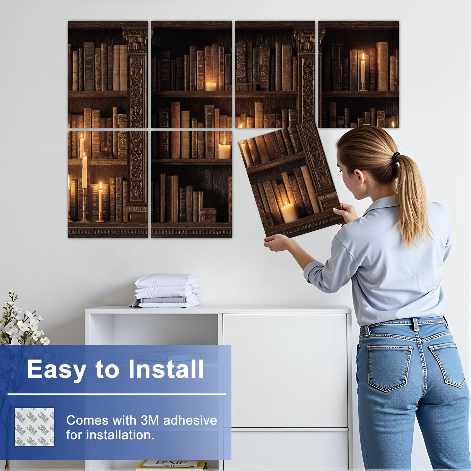 8 Pack Art Acoustic Panels Sound Absorbing Symmetrical Library Warm Glow Wood Decorative Soundproof Wall Panels Self Adhesive for Nursery Game Room Bedroom 48"x32"