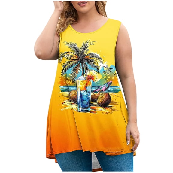 Lopecy-Sta Womens Tank Tops Crew Neck Beach Print Sleeveless Tunic Tops Loose Fit Casual Summer Tees